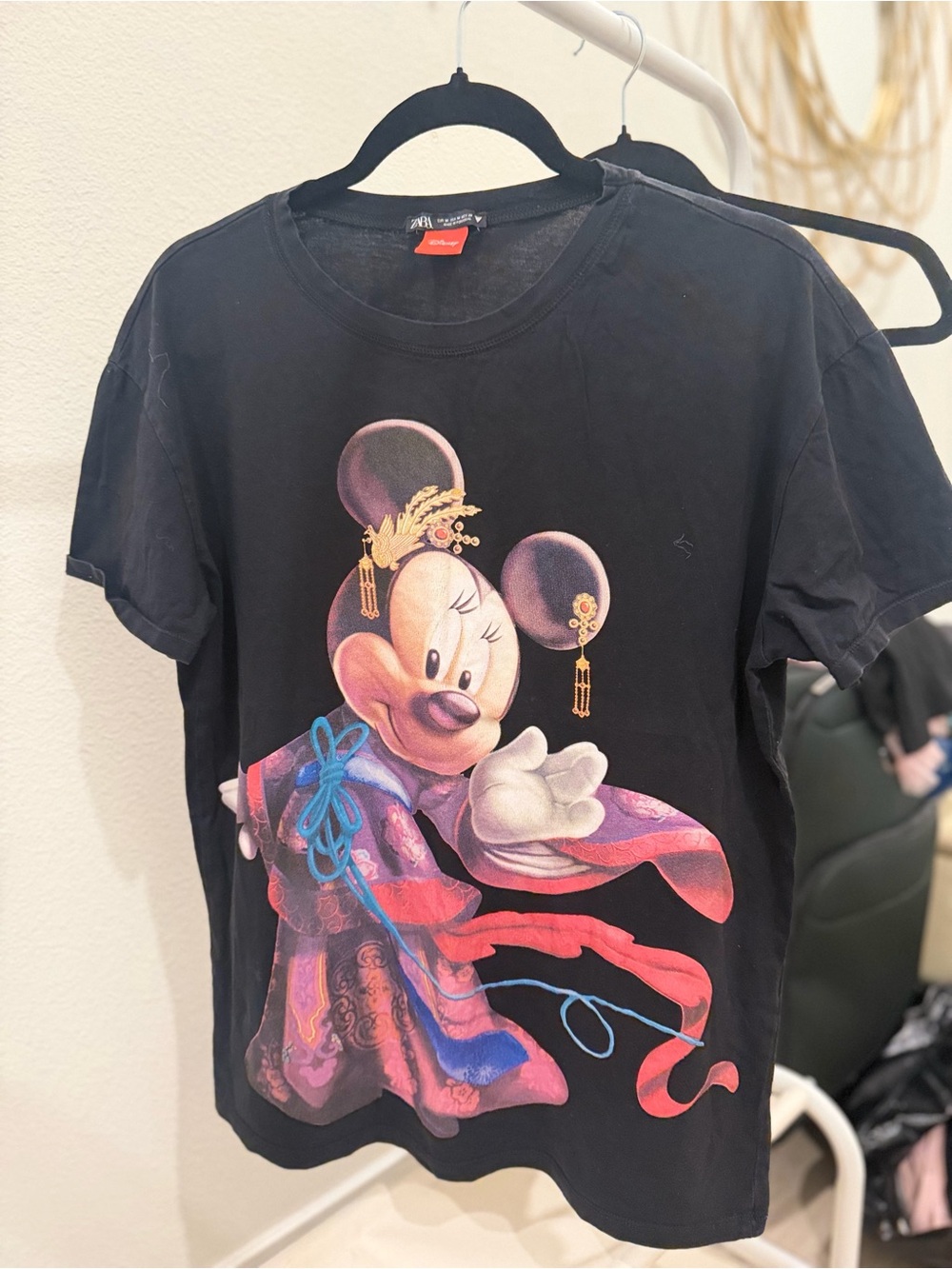 Zara Black Minnie Mouse Graphic Tee with Pink, Purple & Blue Accents